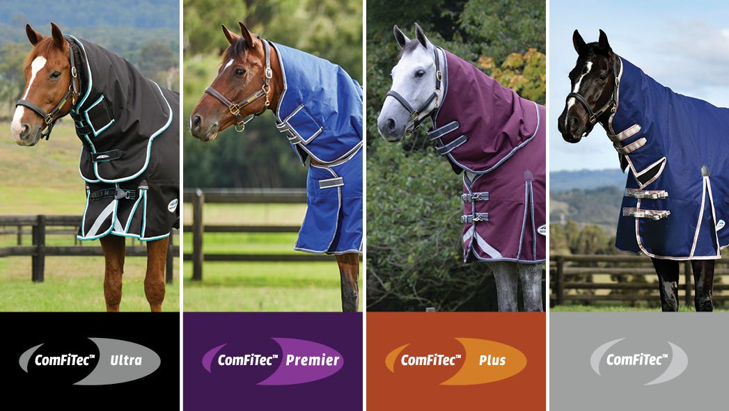Horses wearing the different types of WeatherBeeta ComFiTec rugs
