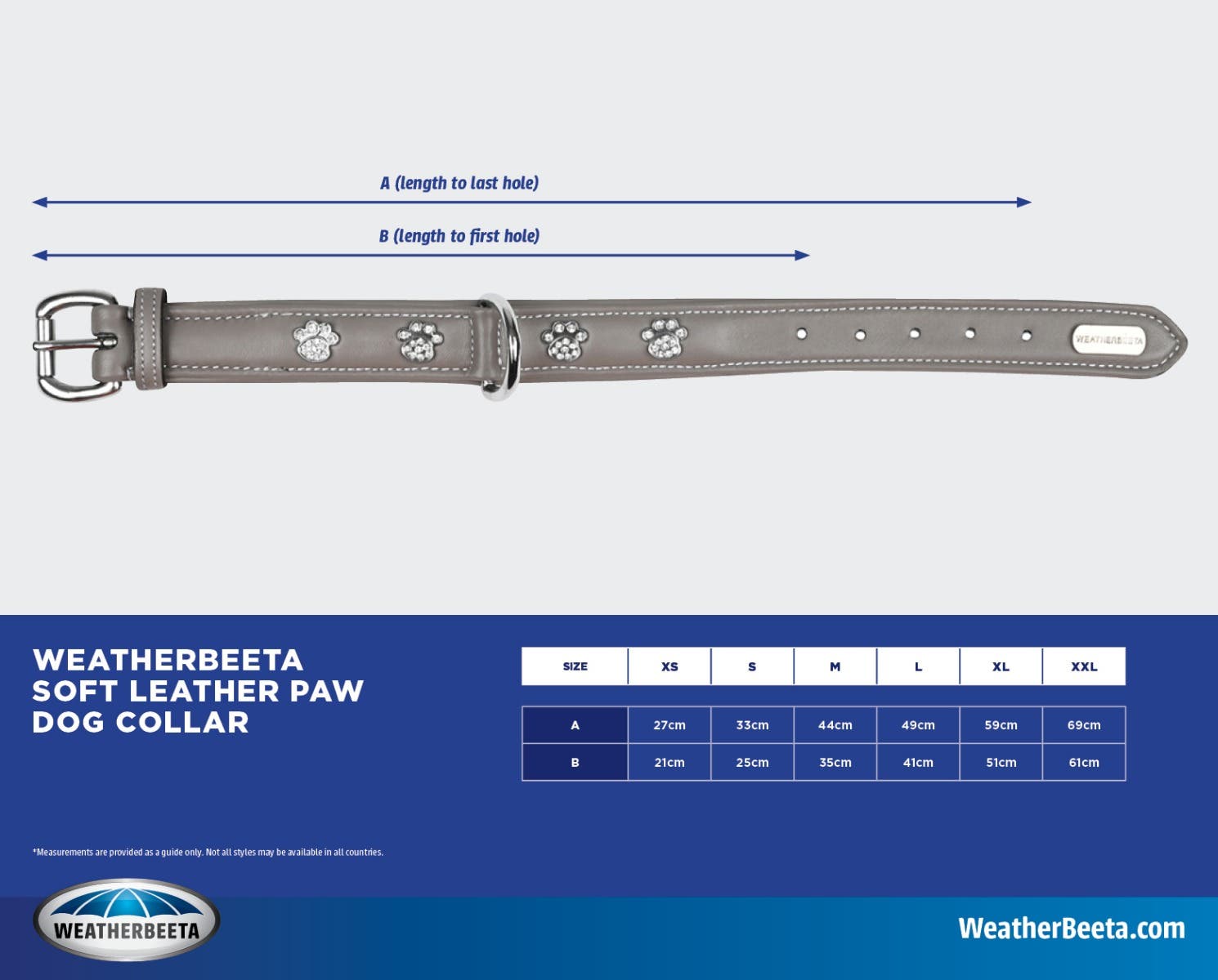 WeatherBeeta Soft Leather Paw Collar Size Chart